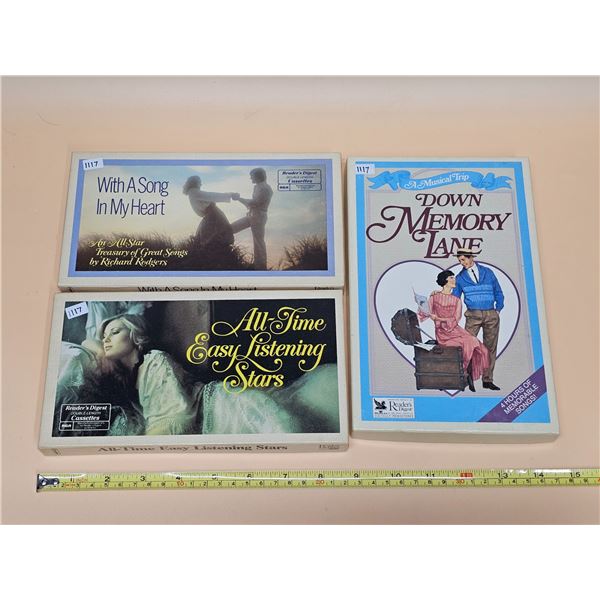 3 Readers Digest Memory Lane/Easy listening/Love Songs Box Sets Cassettes Like New
