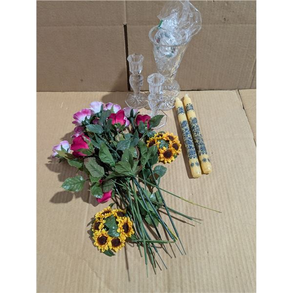 Pinwheel crystal vase and candlesticks, ceramic and silk roses, 2 Christmas wax drip catchers, two u
