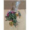 Image 1 : Pinwheel crystal vase and candlesticks, ceramic and silk roses, 2 Christmas wax drip catchers, two u