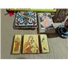 Image 3 : Wooden Ukrainian Easter egg on stand, Ukrainian embroidered runner and small icons.