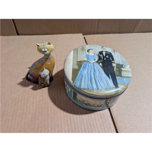 Queen Elizabeth II and Prince Phillip container + mother cat and kitten ornament.