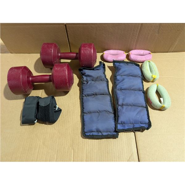 Pairs of: 5 pound, 8 pound and three pairs of about 1.5 pound weights in a gym bag.