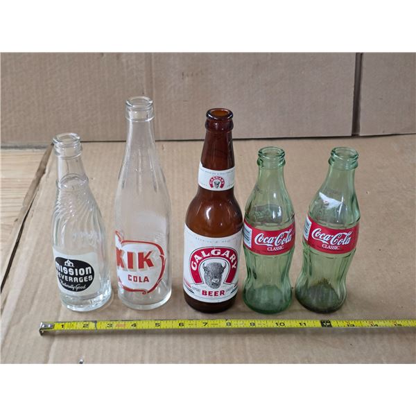 Vintage pop and beer bottles- KIK and coca cola