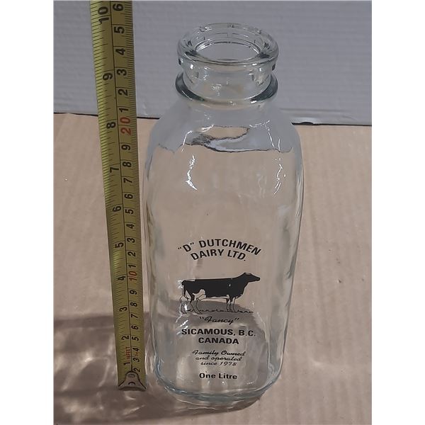 Vintage one-litre glass milk bottle from D Dutchmen Dairy Ltd. in Sicamous, British Columbia.