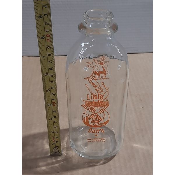 Vintage Little Dutch Mill Dairy glass milk bottle from Rochester, Minnesota.