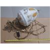 Image 1 : Vintage Hollywood Regency swag lamp features a milk glass globe adorned with gold embossed designs a