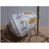 Image 4 : Vintage Hollywood Regency swag lamp features a milk glass globe adorned with gold embossed designs a