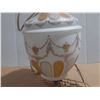 Image 6 : Vintage Hollywood Regency swag lamp features a milk glass globe adorned with gold embossed designs a