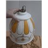 Image 7 : Vintage Hollywood Regency swag lamp features a milk glass globe adorned with gold embossed designs a