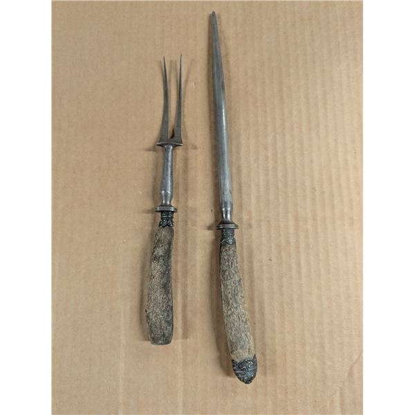 Vintage Turkey Carving Fork and Sharpener w/ Real Wood Handles