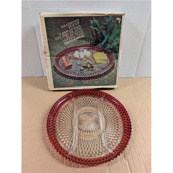 Vintage Diamona Point 3 Part, 12" Ruby band Crystal Indian Glass Co W/ Original box