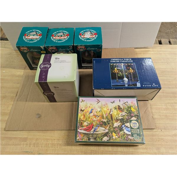 Lot of (3) Snow Globes, umbrella Torch, puzzle, and etc.