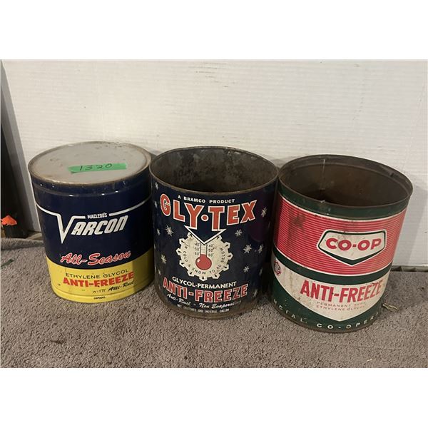(3) 1 Gallon Anti Freeze Tins. (Gly.Tex), Varcon, Co-Op)