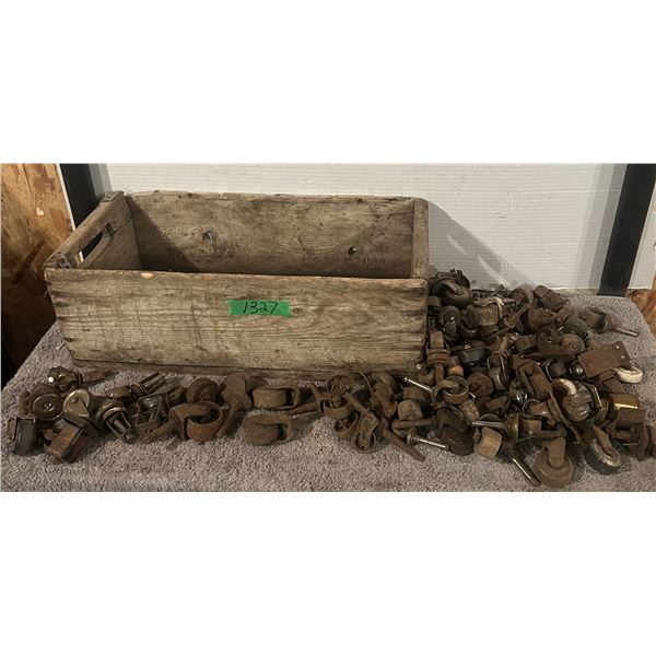 Wood Box with over 80 Vintage Cast and Metal Casters.