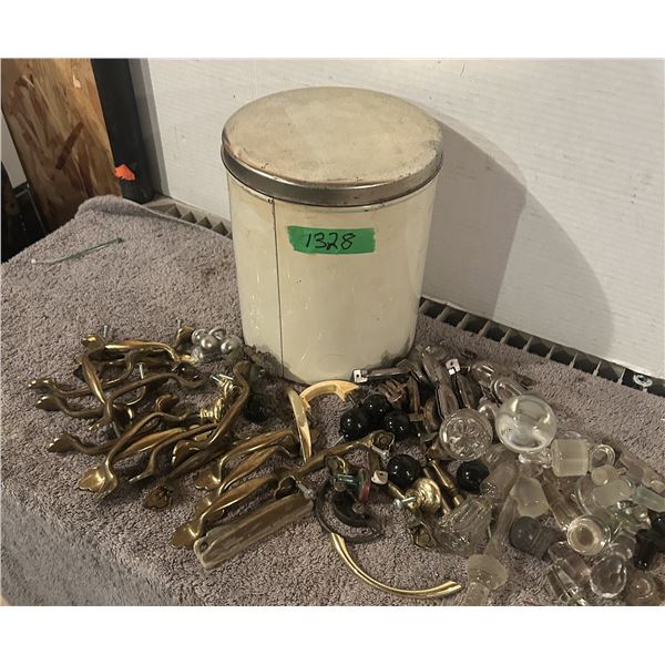 Tin of Vintage Brass Hardware and Glass Stoppers.