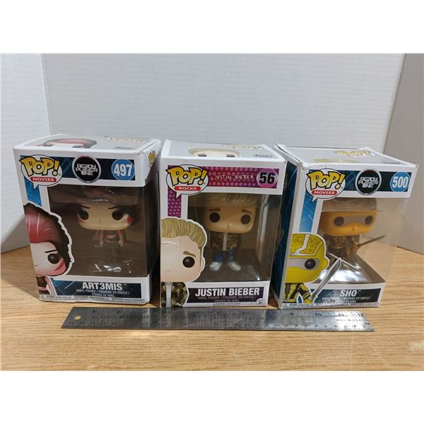 3 funko pops - Ready Player One and Justin Bieber