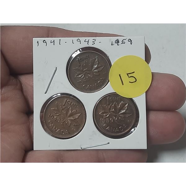 1941, 1943, 1959 Canada One Cent.
