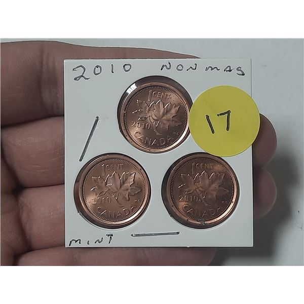 (3) 2010 Canada Small One Cent - Non-Magnetic.