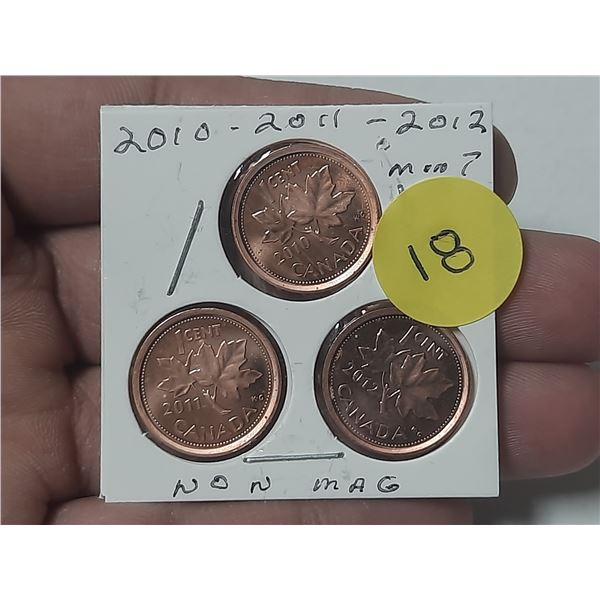 2010, 2011, 2012 Canada Small One Cent - Non-Magnetic.