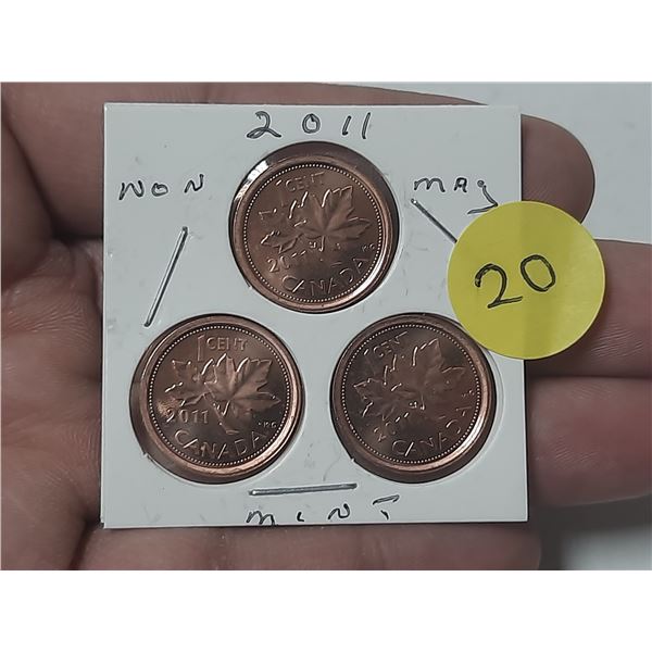 (3) 2011 Canada Small One Cent - Non-Magnetic.