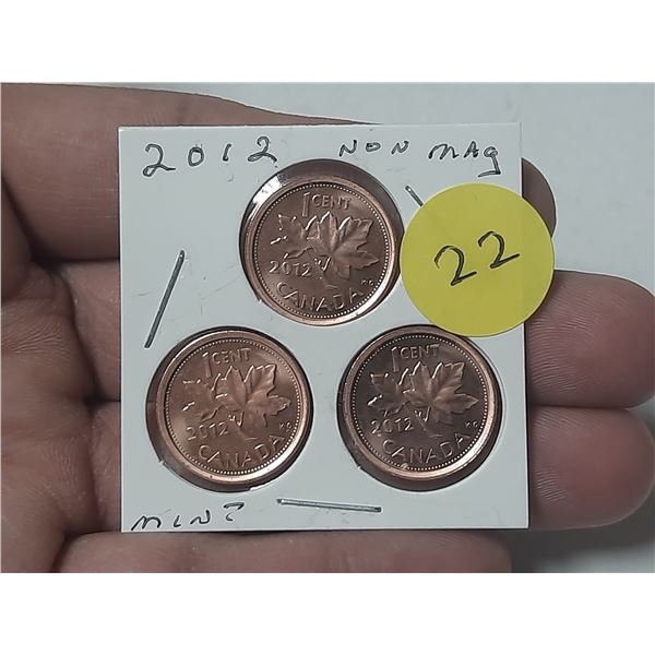 (3) 2012 Canada Small One Cent - Non-Magnetic.