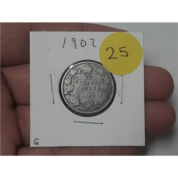 1907 Canada Silver 25 Cents.