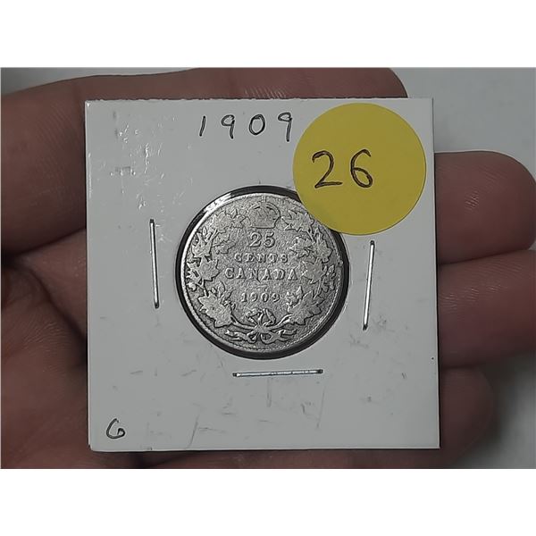 1909 Canada Silver 25 Cents.