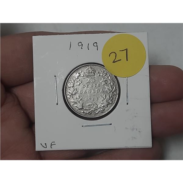 1913 Canada Silver 25 Cents.