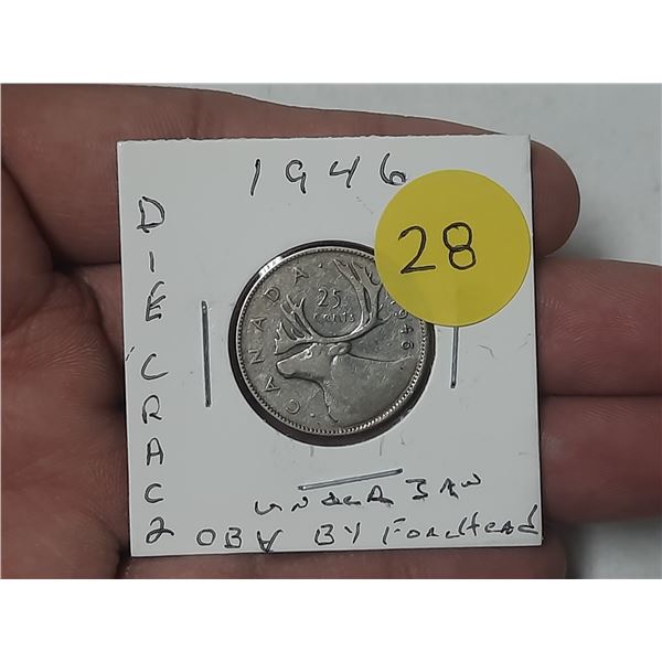 1946 Canada Silver 25 Cents - Die Crack.