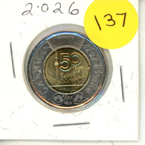 2026 Canadian Two Dollar coin ("toonie") commemorating the 50th anniversary of the CN Tower.
