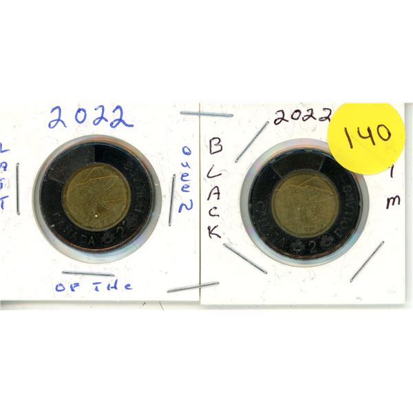 (2) 2022 "Honoré" Black Ring Canadian Toonie.