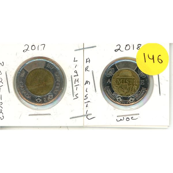 2017 $2 Canada's 150th Anniversary Dance of The Spirits Toonie (Uncoloured) and 2018 Canadian $2 coi