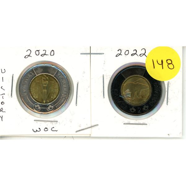 2022 Canadian $2 "Black Ring" Toonie and 2020 Canadian $2 "Victory" coin, commemorating the 75th ann