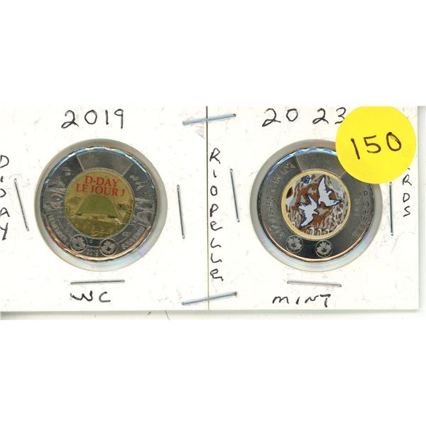 2019 Canada $2 Toonie commemorating the 75th anniversary of D-Day (Coloured) and 2023 Canadian two-d