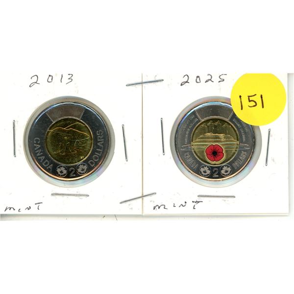 2025 Canadian $2 coin (toonie) commemorating the Unknown Soldier (Coloured) and 2013 Canadian Proof 