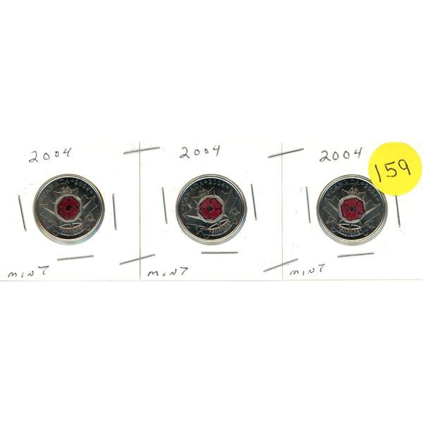 (3) 2004 Canadian 25-cent coin featuring a prominent red poppy in the center (Coloured)