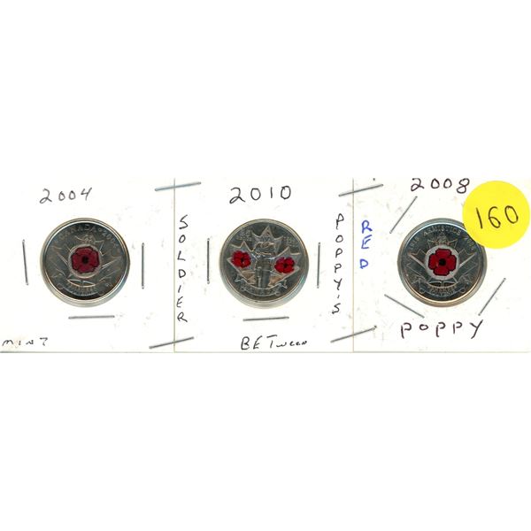 2004 Canadian 25-cent coin featuring a prominent red poppy in the center (Coloured), 2010 Canada Rem