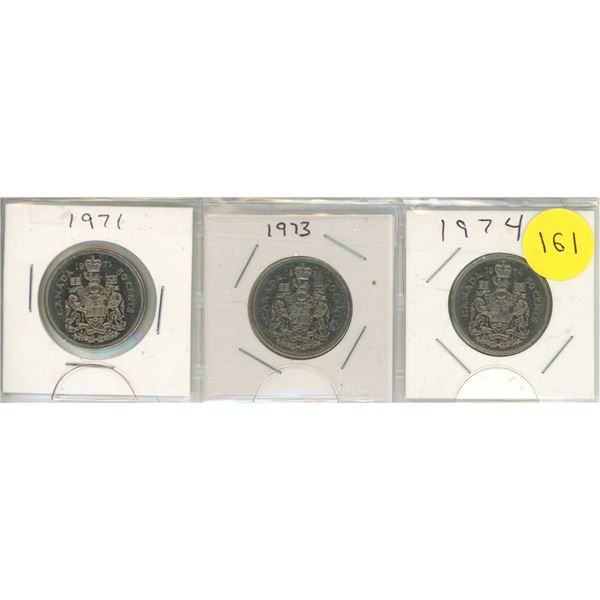 1971, 1973, 1974 Canada 50 Cents Coins.