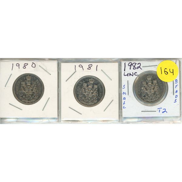 1980, 1981 Canadian 50 Cents  and 1982 Canadian (Small Beads) 50 Cents.
