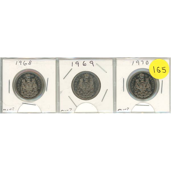 1968, 1969, 1970 Canadian 50 Cents Coins.