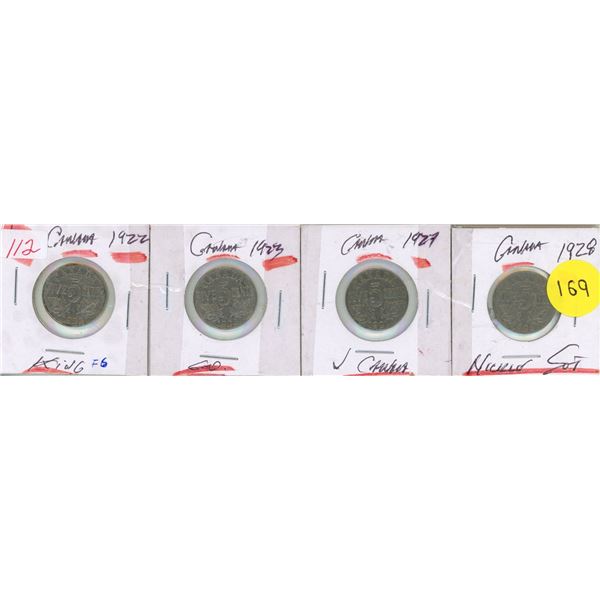 1922, 1923, 1927, 1928 Canadian 5 Cents.