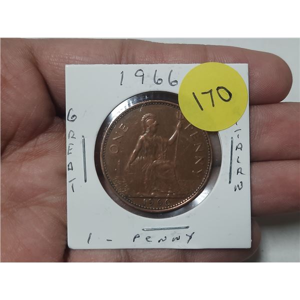 1966 Great Britain One Penny coin featuring Queen Elizabeth II.