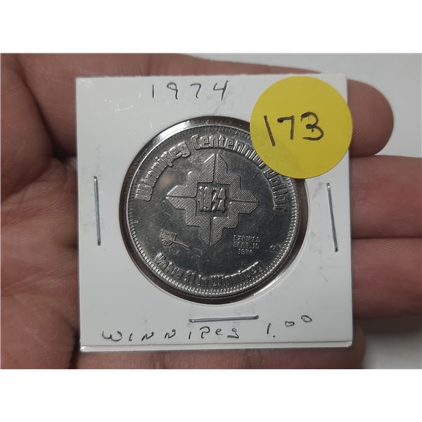 1974 Winnipeg Centennial Dollar trade token, designed to be used as currency within Winnipeg for a v