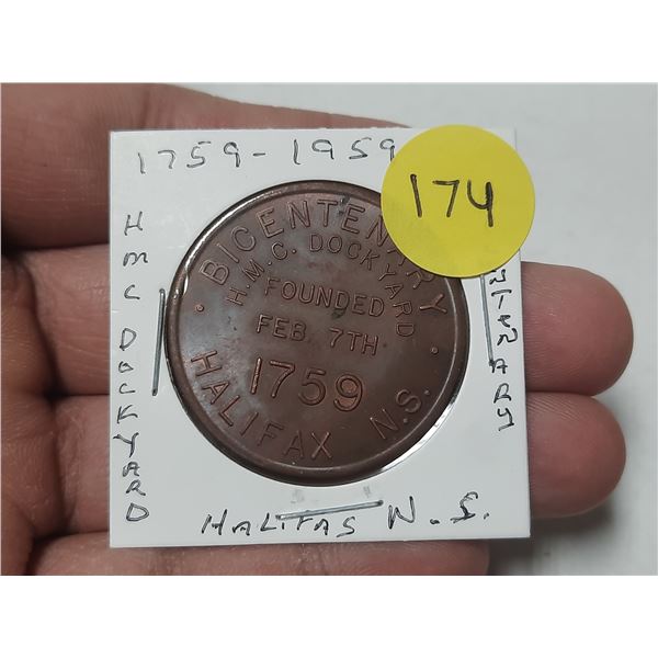 1959 commemorative token celebrating the bicentenary of the H.M.C. Dockyard in Halifax, Nova Scotia.