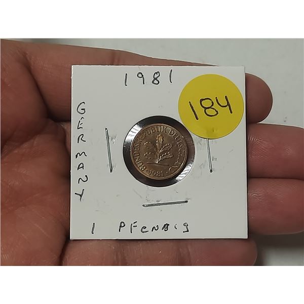 1 Pfennig coin from West Germany, dated 1981.
