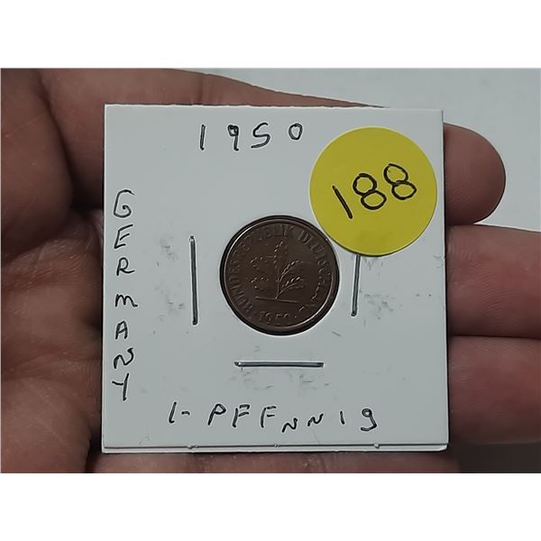 1 Pfennig Coin from West Germany, issued in 1950.