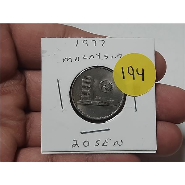 1977 Malaysia 20 Sen Coin.