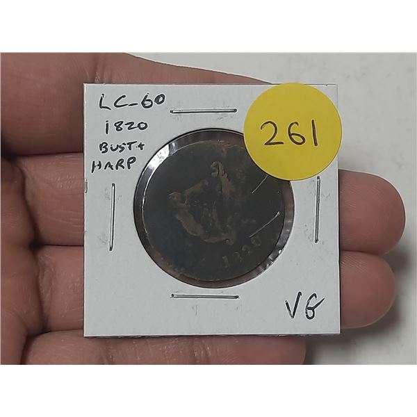 1820 Lower Canada Pre-Confederation Half Penny Token. Bust and Harp. VG.