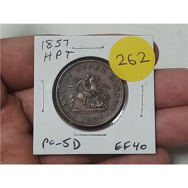 1857 Province of Canada Half Penny Token. Bank of Upper Canada. St. George slaying dragon. PC-5D. EF