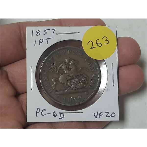 1857 Province of Canada One Penny Token. Bank of Upper Canada. St. George slaying dragon. PC-6D. VF2